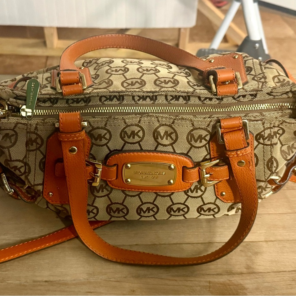 Michael Kors Monogram Gansevoort Beige Tangerine Canvas Leather Satchel Bag - Picture 5 of 16